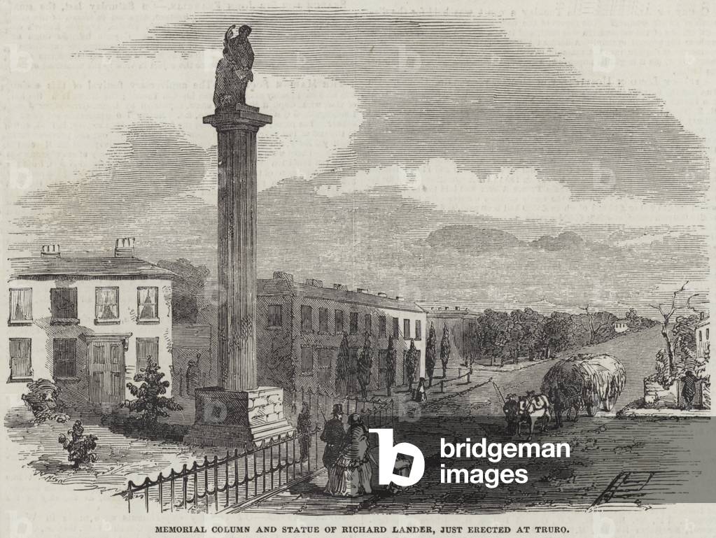 Memorial Column and Statue of Richard Lander, just erected at Truro (engraving)