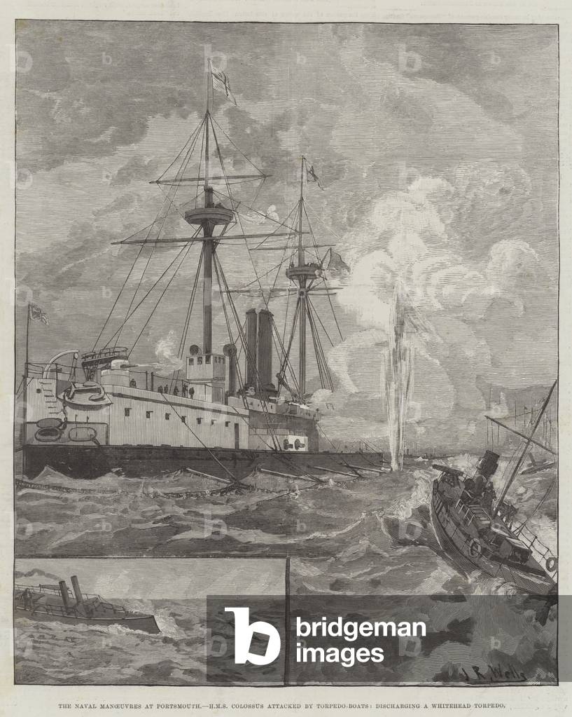 The Naval Manoeuvres at Portsmouth, HMS Colossus attacked by Torpedo-Boats, discharging a Whitehead Torpedo (engraving)
