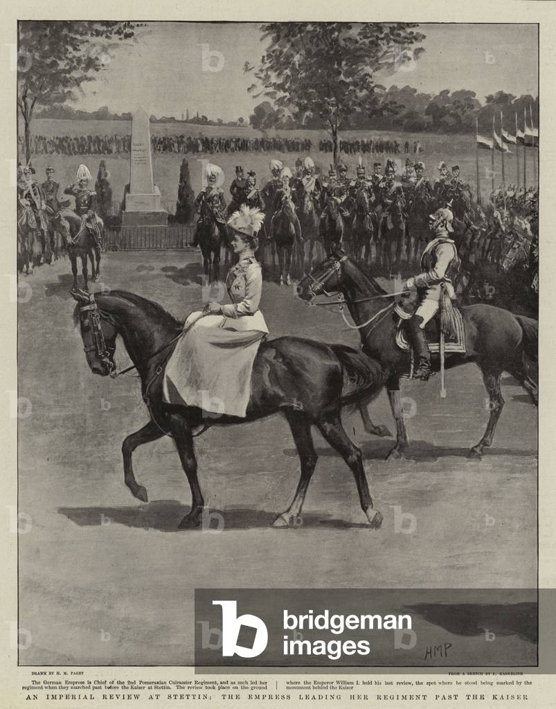 An Imperial Review at Stettin, the Empress leading Her Regiment past the Kaiser (litho)