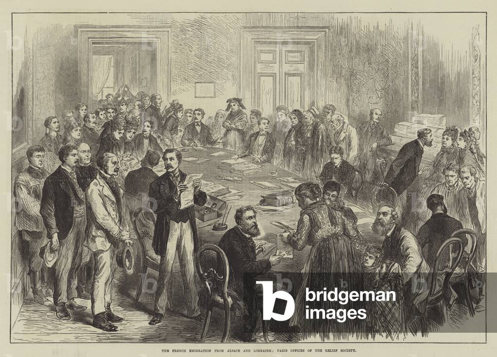 The French Emigration from Alsace and Lorraine, Paris Offices of the Relief Society (engraving)