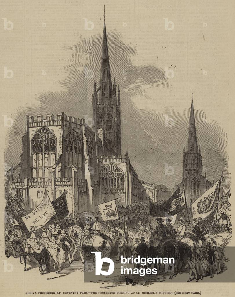 Godiva Procession at Coventry Fair, the Procession forming at St Michael's Church (engraving)