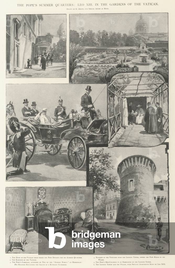 The Pope's Summer Quarters, Leo XIII in the Gardens of the Vatican (litho)