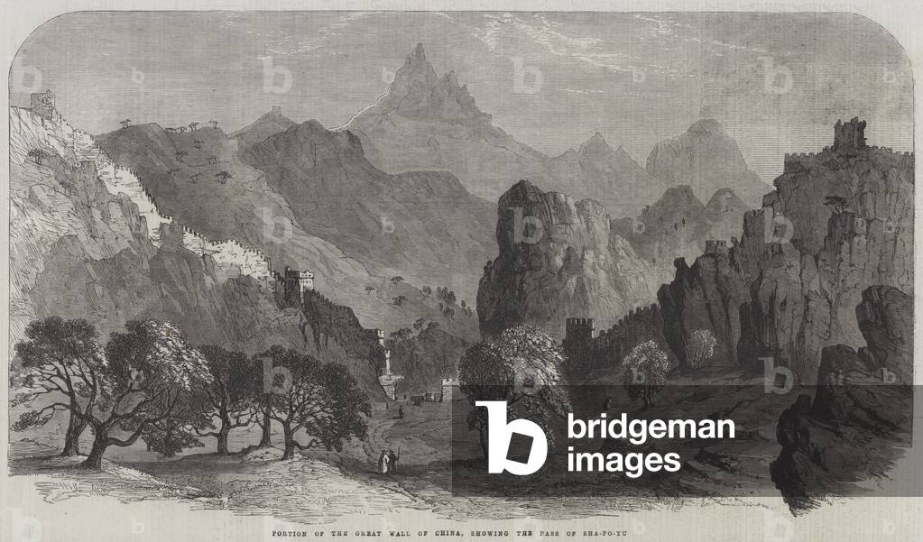 Portion of the Great Wall of China, showing the Pass of Sha-Po-Yu (engraving)
