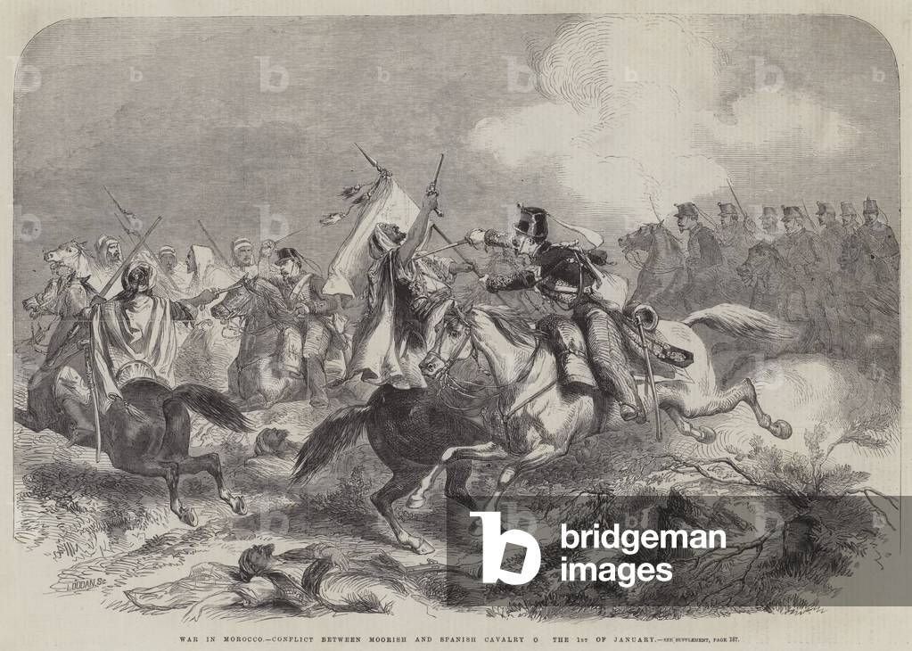 War in Morocco, Conflict between Moorish and Spanish Cavalry on the 1 January (engraving)