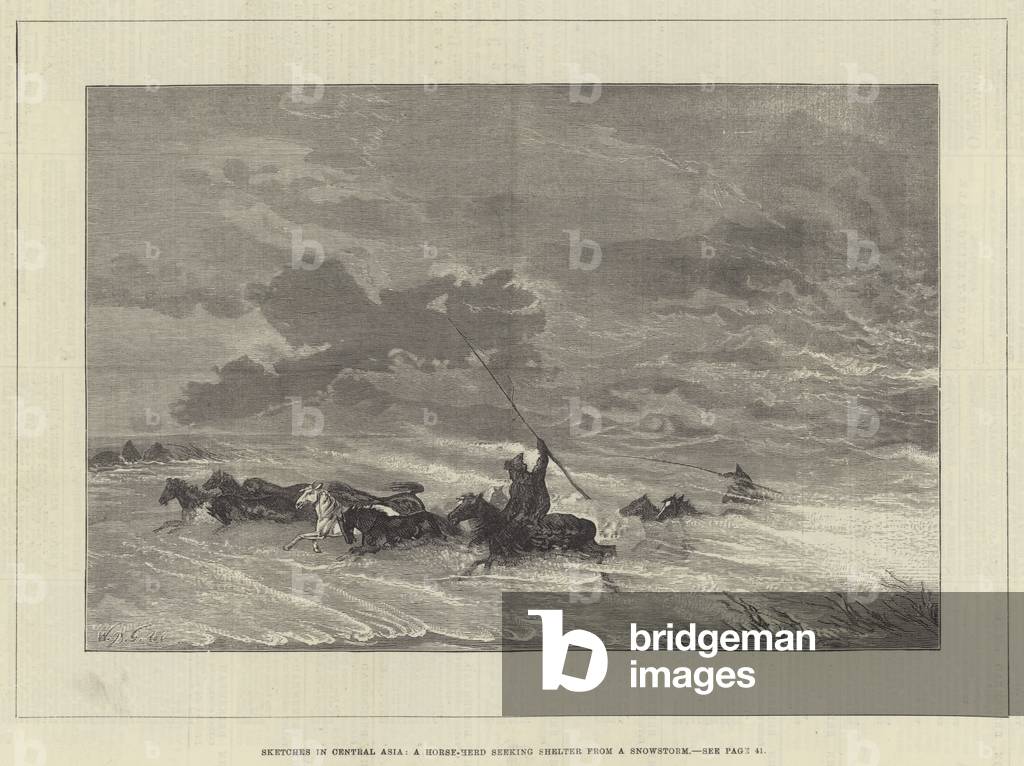 Sketches in Central Asia, a Horse-Herd seeking Shelter from a Snowstorm (engraving)