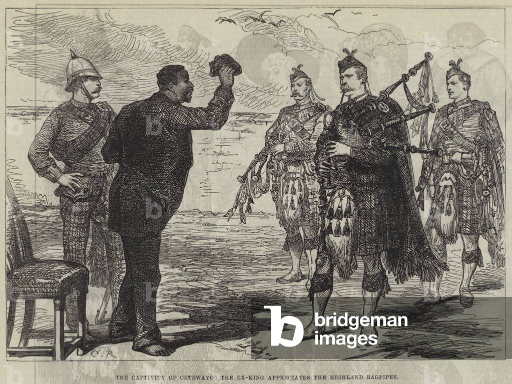 The Captivity of Cetewayo, the Ex-King appreciates the Highland Bagpipes (engraving)