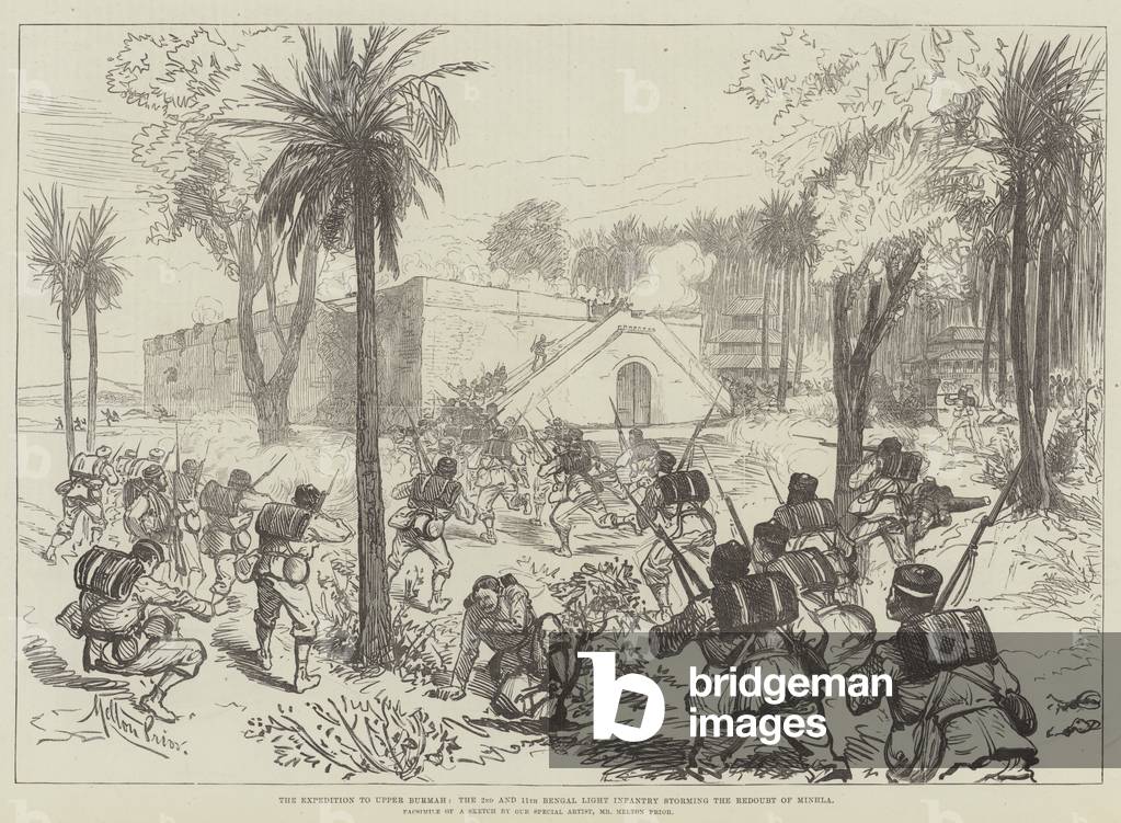 The Expedition to Upper Burmah, the 2nd and 11th Bengal Light Infantry storming the Redoubt of Minhla (engraving)