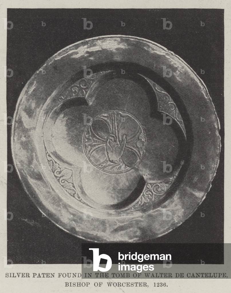 Silver Paten found in the Tomb of Walter de Cantelupe, Bishop of Worcester, 1236 (b/w photo)