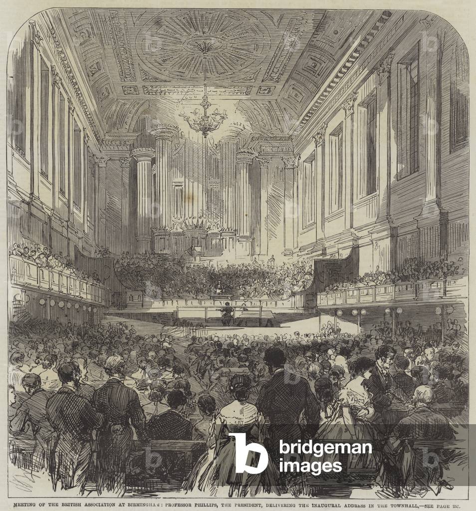 Meeting of the British Association at Birmingham, Professor Phillips, the President, delivering the Inaugural Address in the Townhall (engraving)