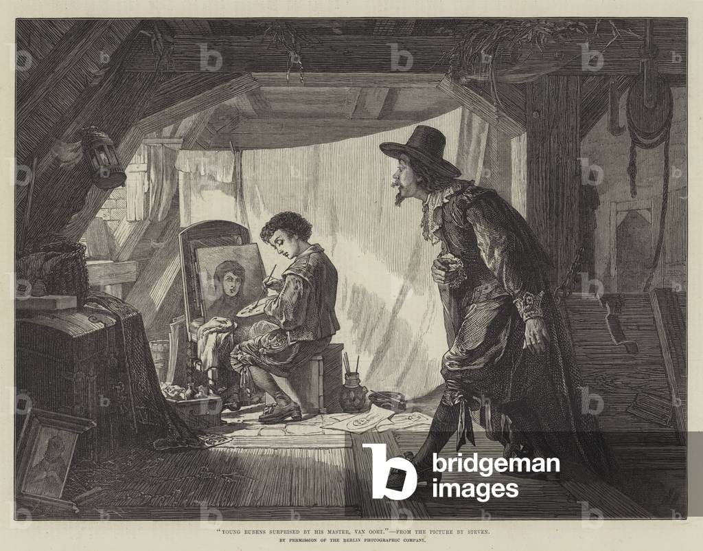 Young Rubens surprised by his Master, Van Oort (engraving)