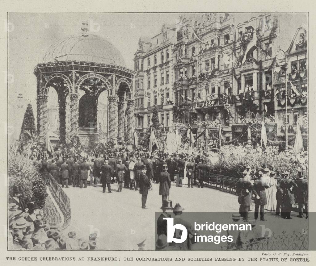 The Goethe Celebrations at Frankfurt, the Corporations and Societies passing by the Statue of Goethe (b/w photo)