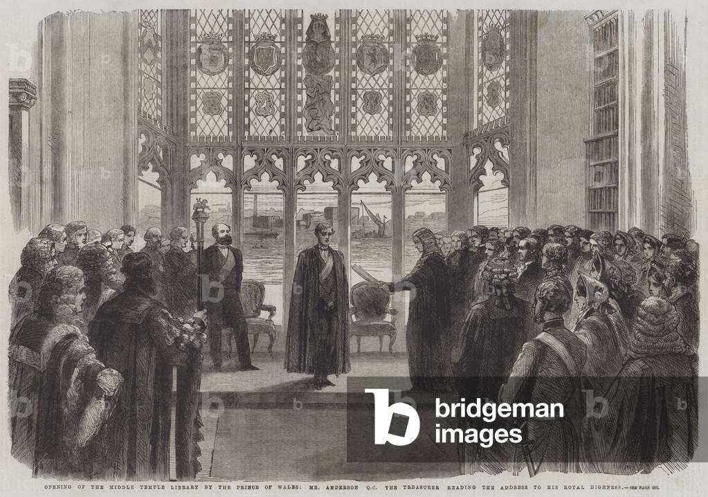 Opening of the Middle Temple Library by the Prince of Wales, Mr Anderson QC the Treasurer reading the Address to His Royal Highness (engraving)