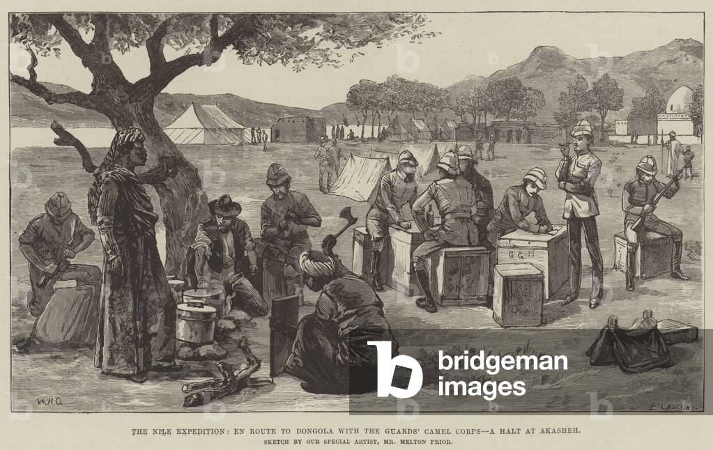 The Nile Expedition, En Route to Dongola with the Guards' Camel Corps, a Halt at Akasheh (engraving)