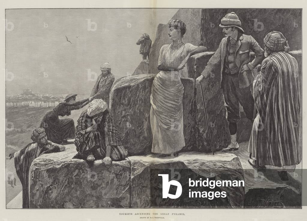 Tourists ascending the Great Pyramid (engraving)