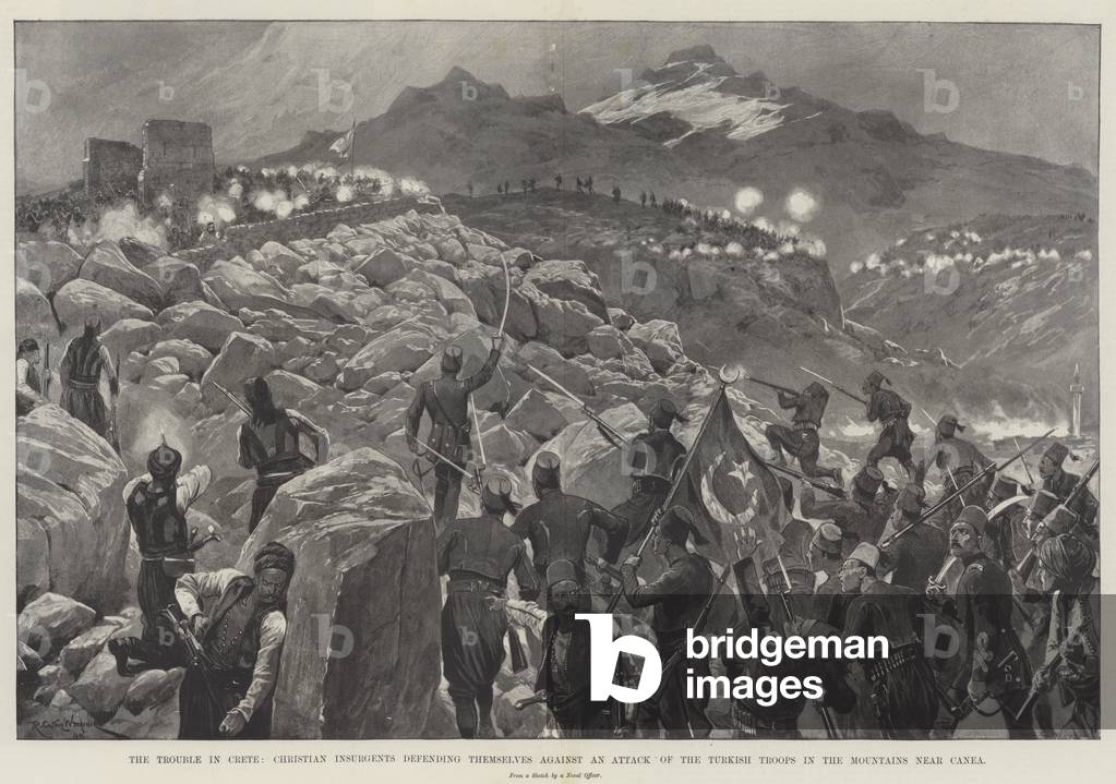 The Trouble in Crete, Christian Insurgents defending themselves against an Attack of the Turkish Troops in the Mountains near Canea (litho)