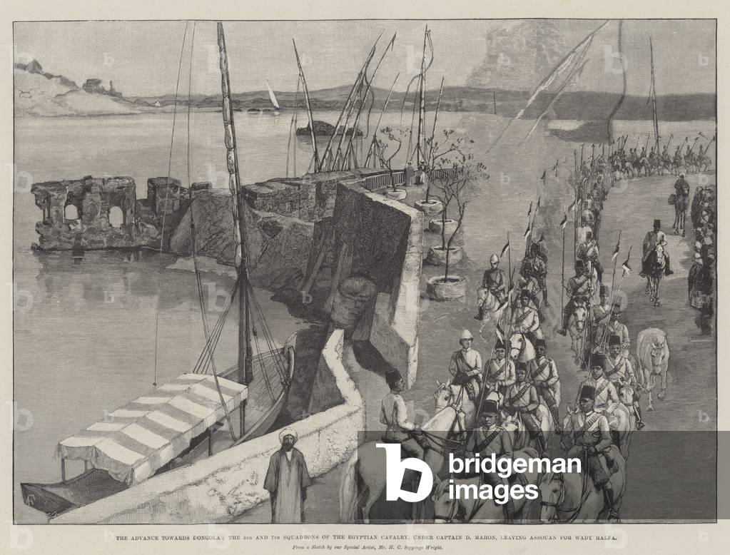 The Advance towards Dongola, the 5th and 7th Squadrons of the Egyptian Cavalry, under Captain D Mahon, leaving Assouan for Wady Halfa (engraving)