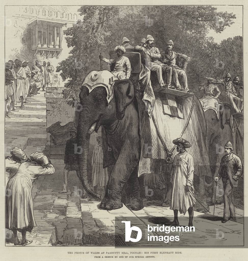 The Prince of Wales at Parbutty Hill, Poonah, his First Elephant Ride (engraving)