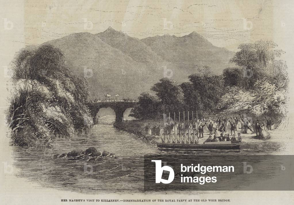 Her Majesty's Visit to Killarney, Disembarkation of the Royal Party at the Old Weir Bridge (engraving)