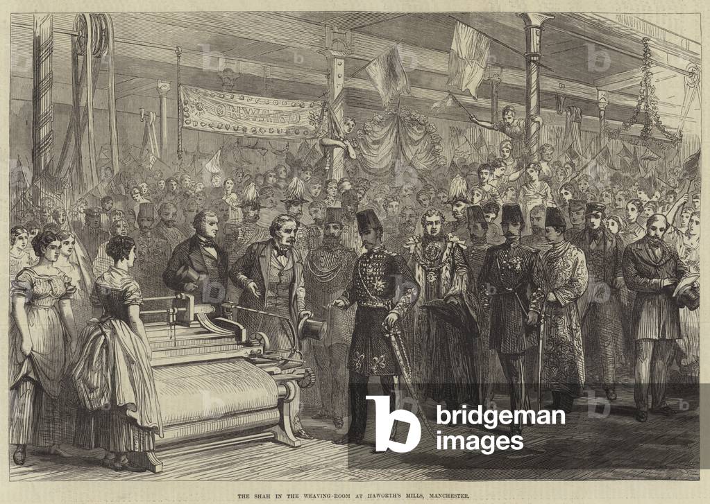 The Shah in the Weaving-Room at Haworth's Mills, Manchester (engraving)