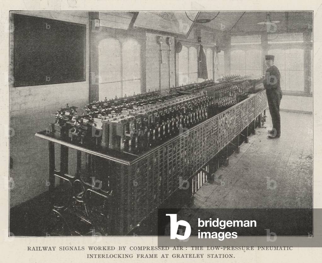 Railway Signals worked by Compressed Air, the Low-Pressure Pneumatic Interlocking Frame at Grateley Station (b/w photo)