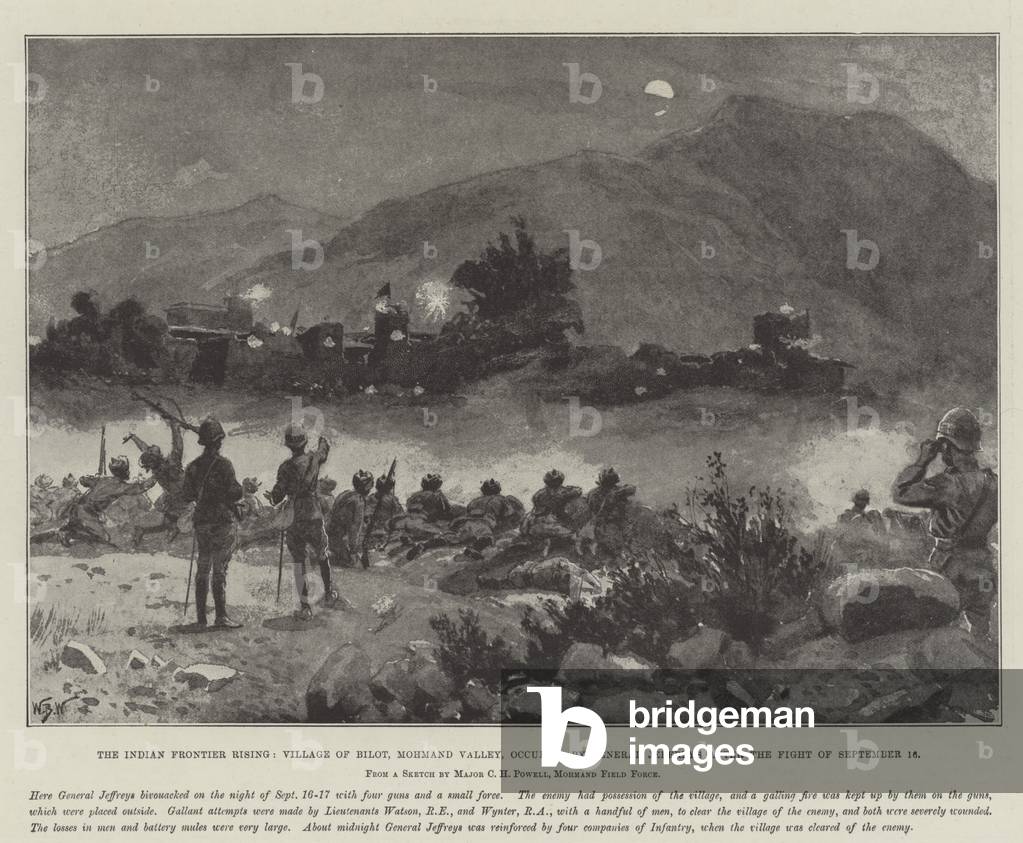 The Indian Frontier Rising, Village of Bilot, Mohmand Valley, occupied by General Jeffreys after the Fight of 16 September (litho)