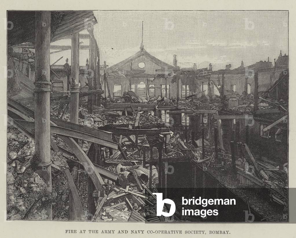 Fire at the Army and Navy Co-Operative Society, Bombay (engraving)