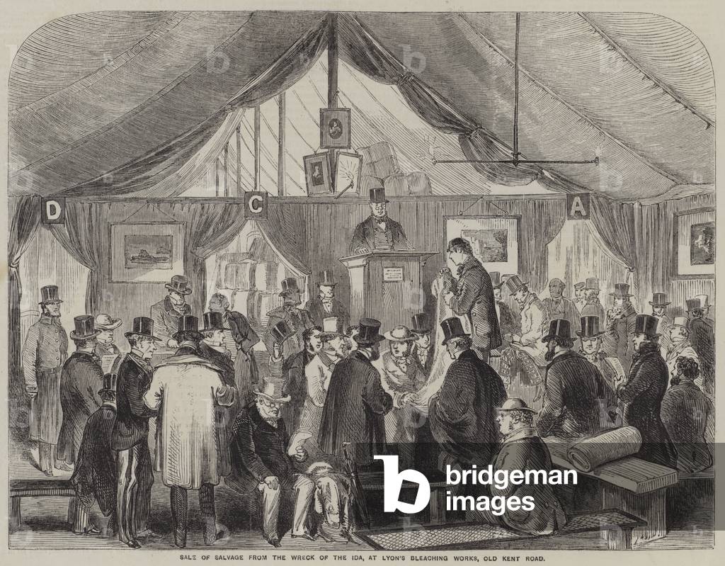 Sale of Salvage from the Wreck of the Ida, at Lyon's Bleaching Works, Old Kent Road (engraving)