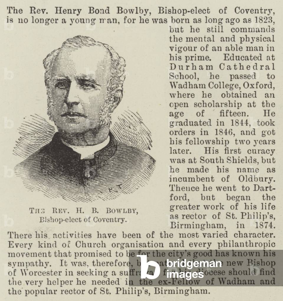 The Reverend H B Bowlby, Bishop-elect of Coventry (engraving)