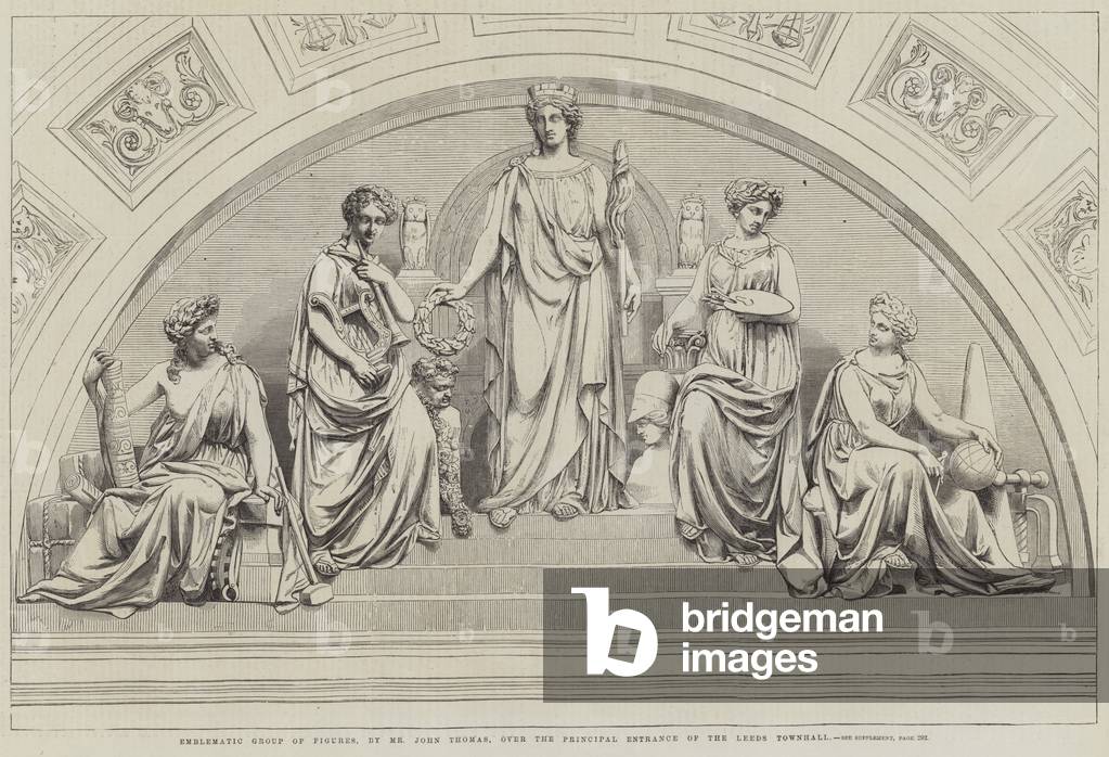 Emblematic Group of Figures, by Mr John Thomas, over the Principal Entrance of the Leeds Townhall (engraving)