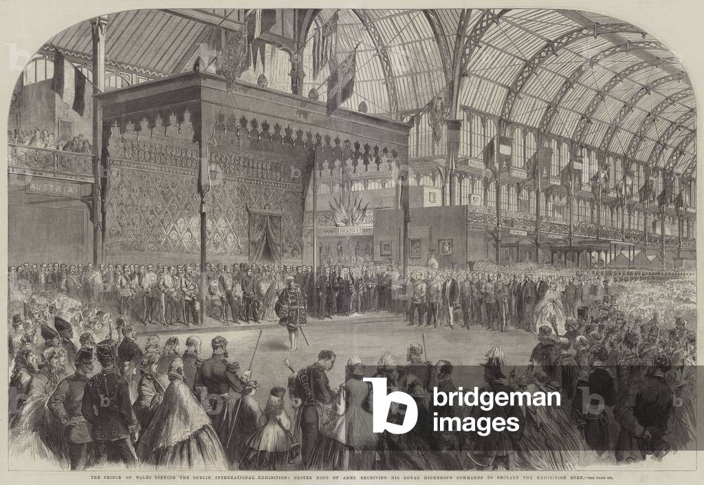 The Prince of Wales opening the Dublin International Exhibition, Ulster King of Arms receiving His Royal Highness's Commands to declare the Exhibition Open (engraving)