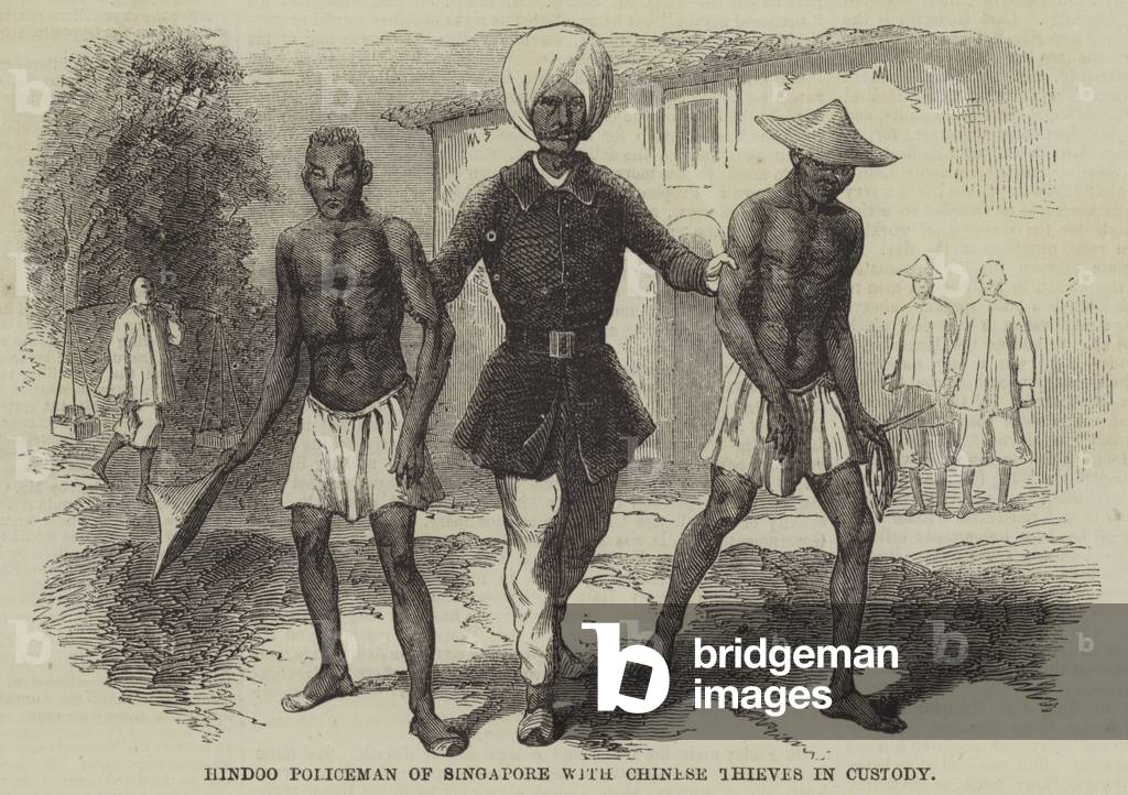 Hindoo Policeman of Singapore with Chinese Thieves in Custody (engraving)