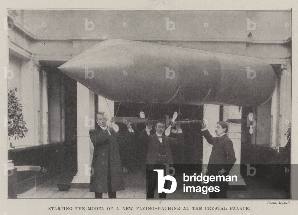 Starting the Model of a New Flying-Machine at the Crystal Palace (b/w photo)