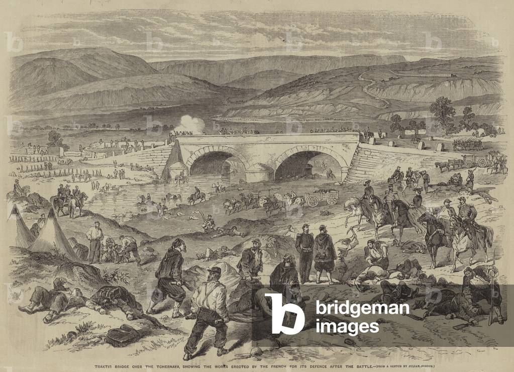 Traktir Bridge over the Tchernaya, showing the Works erected by the French for its Defence after the Battle (engraving)