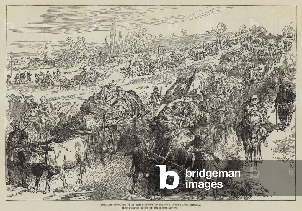Turkish Refugees from the District of Tirnova coming into Shumla (engraving)