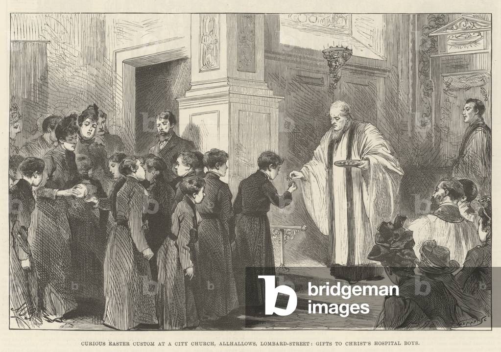 Curious Easter Custom at a City Church, Allhallows, Lombard-Street, Gifts to Christ's Hospital Boys (engraving)