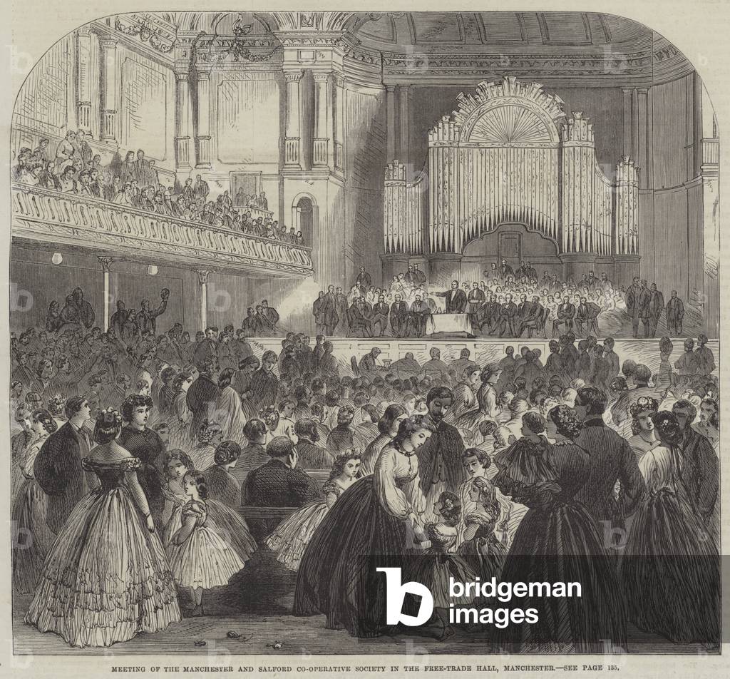 Meeting of the Manchester and Salford Co-Operative Society in the Free-Trade Hall, Manchester (engraving)