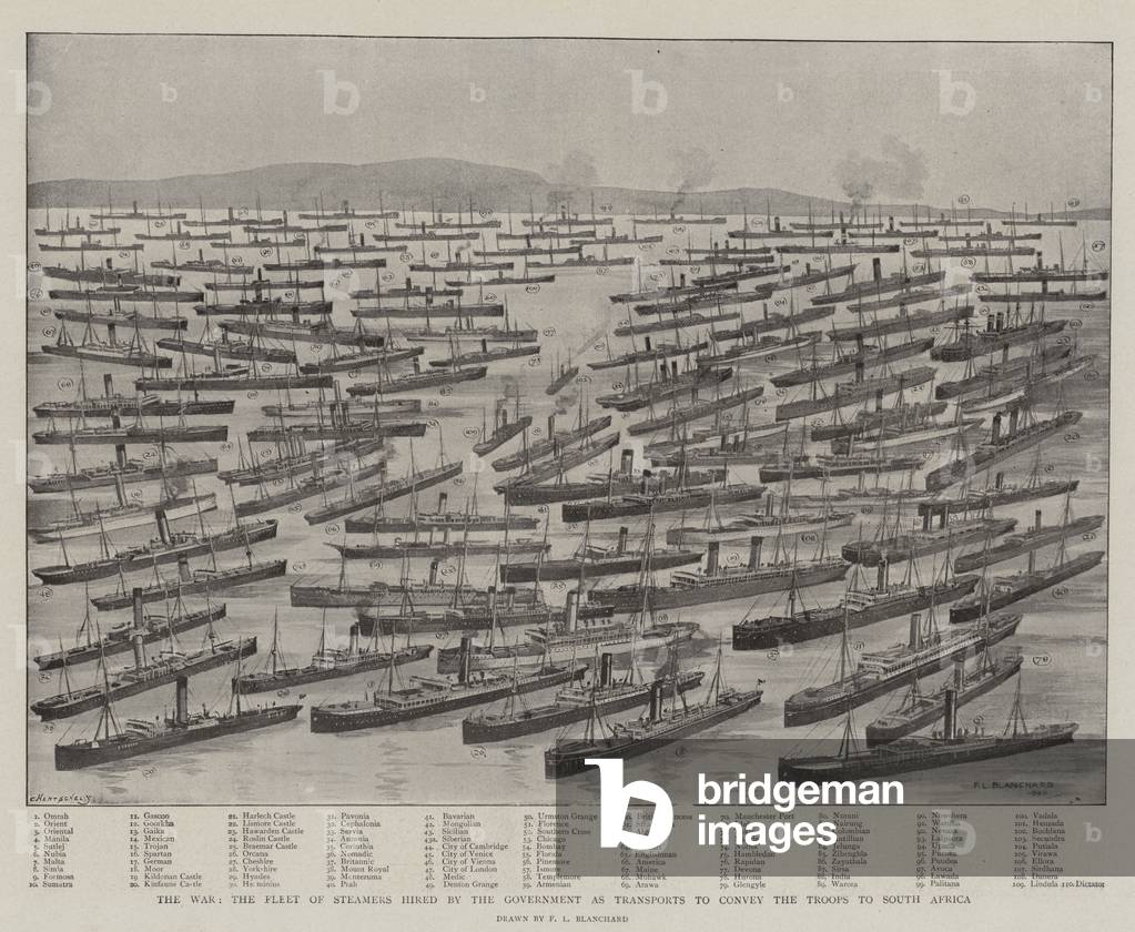 The War, the Fleet of Steamers hired by the Government as Transports to convey the Troops to South Africa (litho)