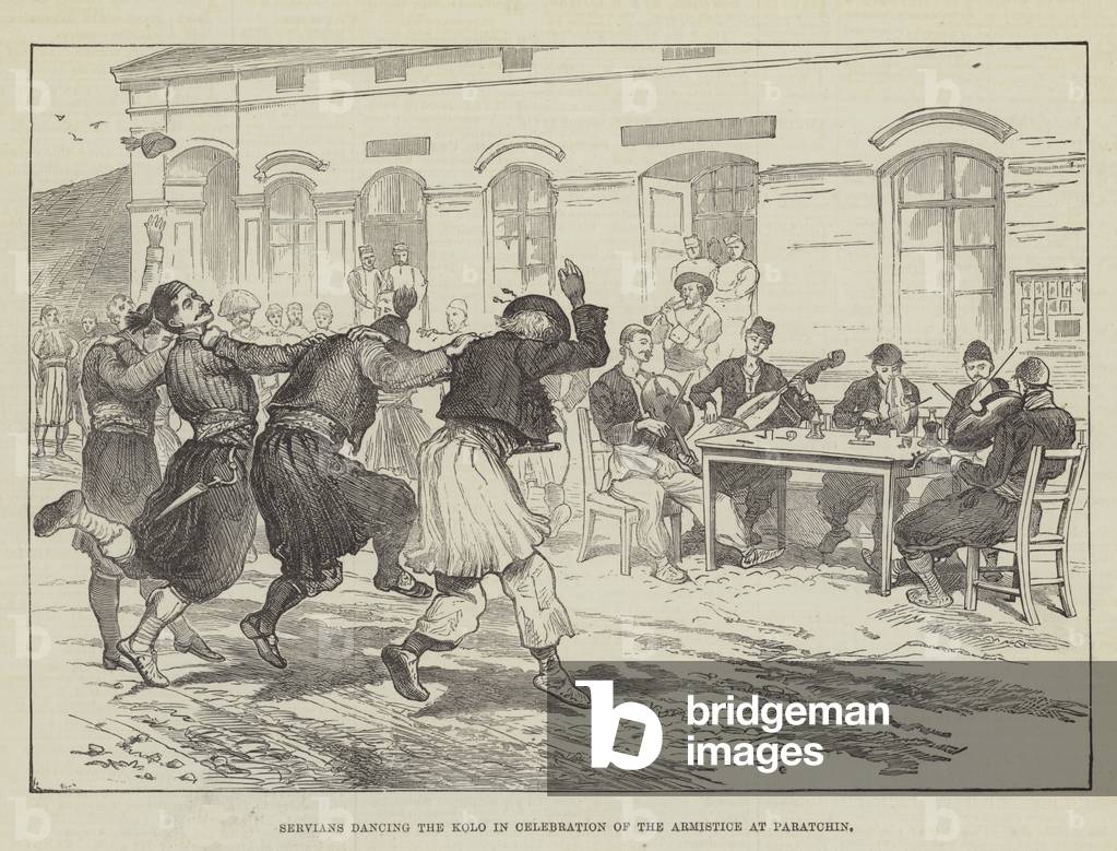 Servians dancing the Kolo in Celebration of the Armistice at Paratchin (engraving)