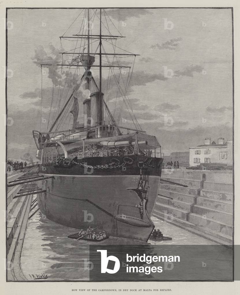 Bow View of the Camperdown, in Dry Dock at Malta for Repairs (engraving)