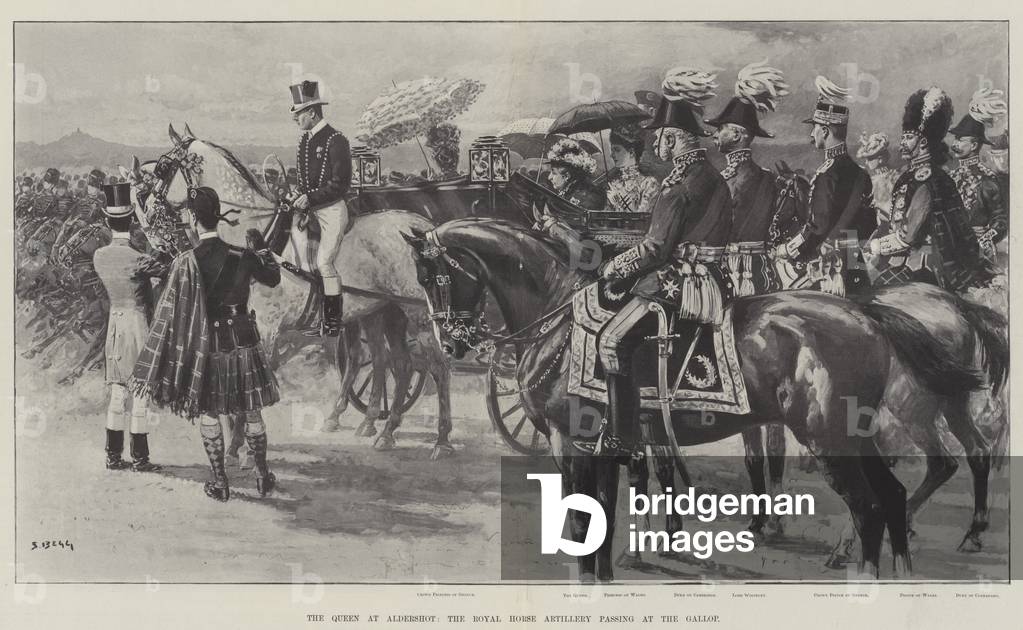 The Queen at Aldershot, the Royal Horse Artillery passing at the Gallop (litho)