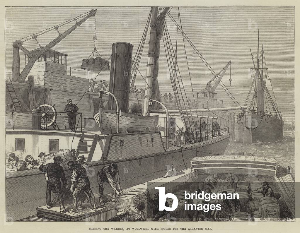 Loading the Warree, at Woolwich, with Stores for the Ashantee War (engraving)