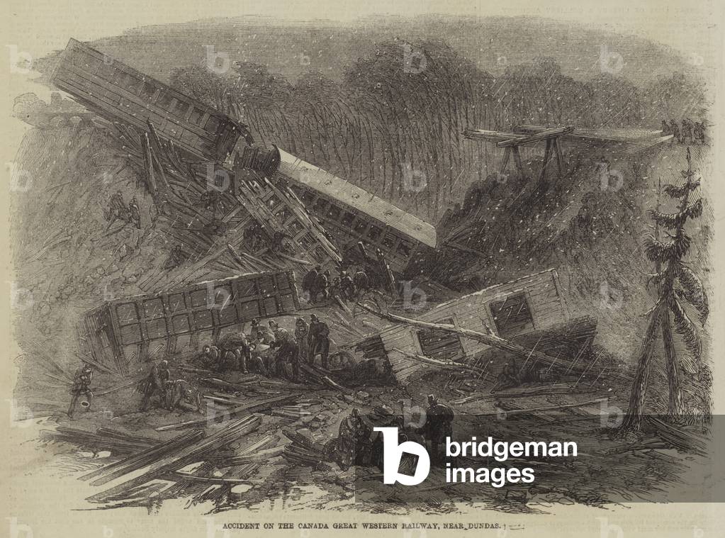 Accident on the Canada Great Western Railway, near Dundas (engraving)