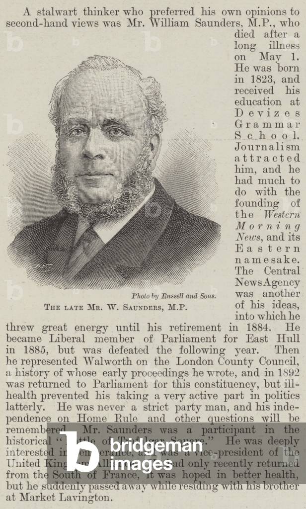 The late Mr W Saunders, MP (engraving)
