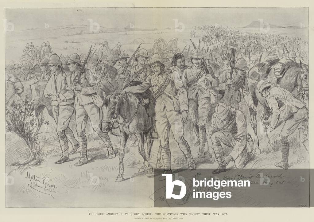 The Boer Ambuscade at Koorn Spruit, the Survivors who fought their Way out (litho)