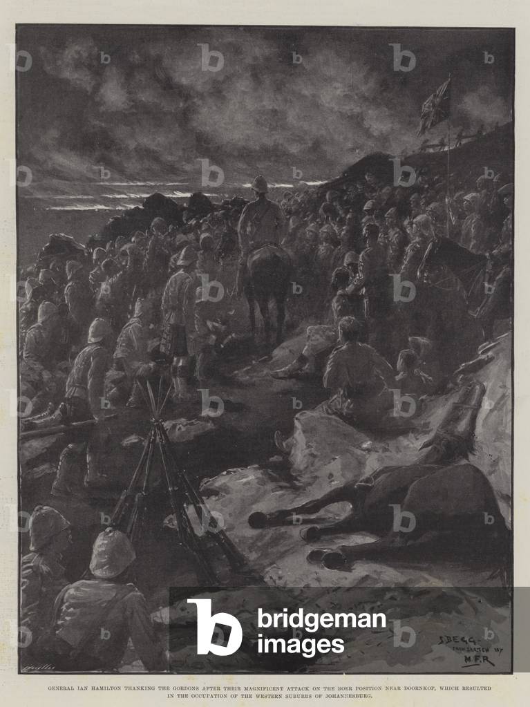 General Ian Hamilton thanking the Gordons after their Magnificent Attack on the Boer Position near Doornkop, which resulted in the Occupation of the Western Suburbs of Johannesburg (litho)