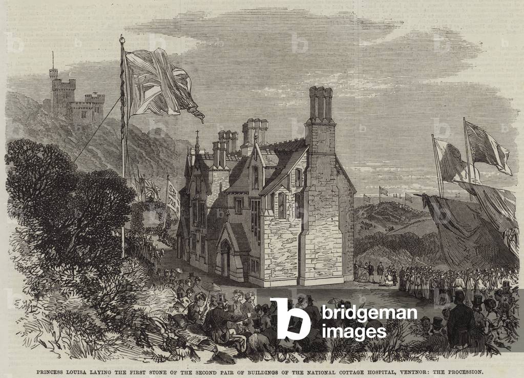 Princess Louisa laying the First Stone of the Second Pair of Buildings of the National Cottage Hospital, Ventnor, the Procession (engraving)
