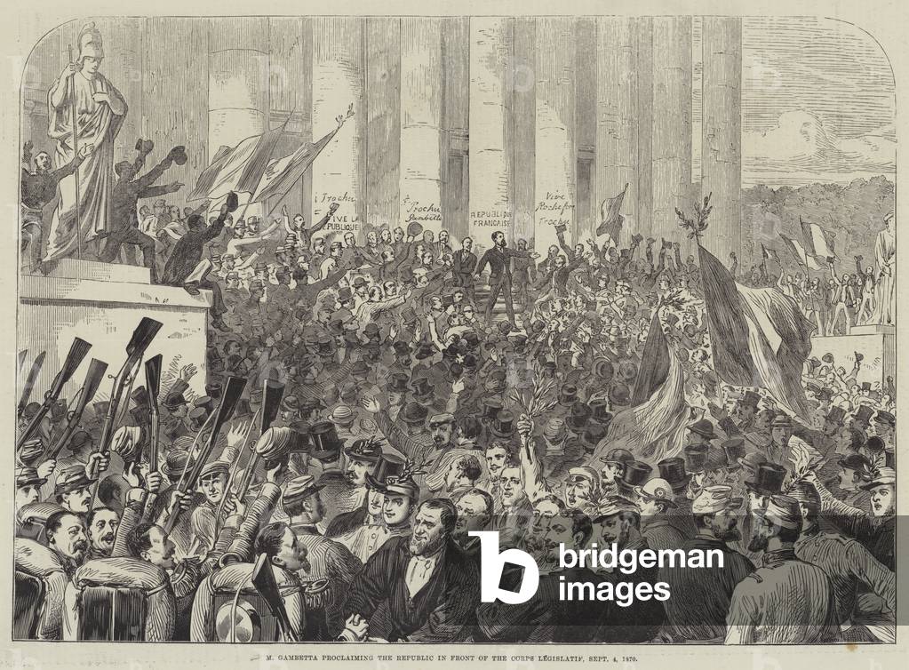 M Gambetta proclaiming the Republic in front of the Corps Legislatif, 4 September 1870 (engraving)