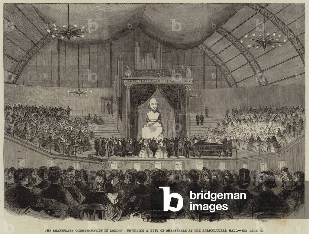 The Shakespeare Commemoration in London, unveiling a Bust of Shakespeare at the Agricultural Hall (engraving)