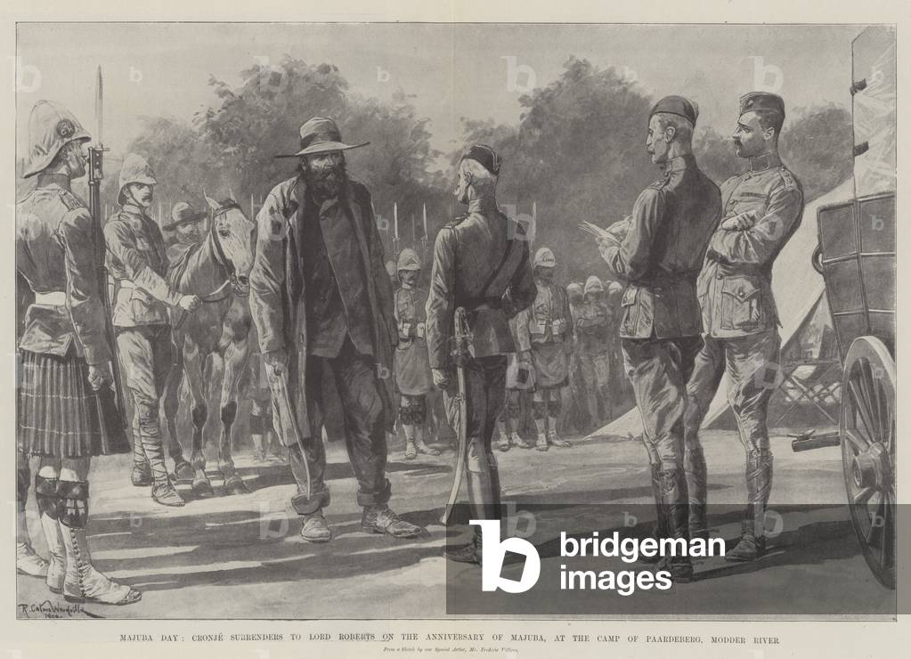 Majuba Day, Cronje surrenders to Lord Roberts on the Anniversary of Majuba, at the Camp of Paardeberg, Modder River (litho)