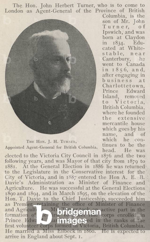 The Honourable J H Turner, appointed Agent-General for British Columbia (b/w photo)